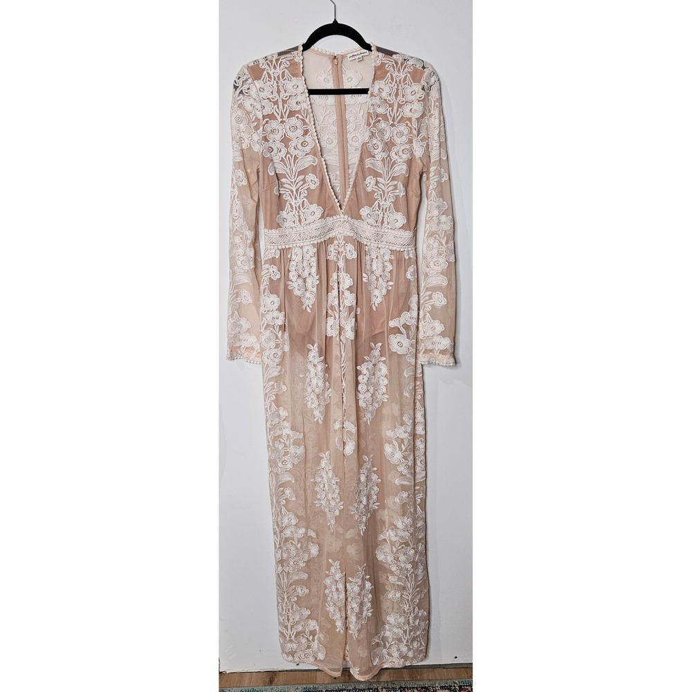 For Love & Lemons Floral Embroidered Temecula Bodysuit Maxi Dress Nude White XL